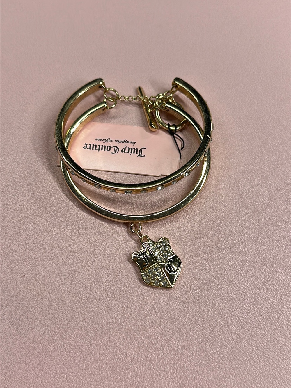 Juicy Couture Gold-Tone Triple Double Bangle Bracelet with Pave Crest Charm